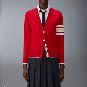 Thom Browne Fine Merino Wool Four Bar Vibrant Red Cardigan
